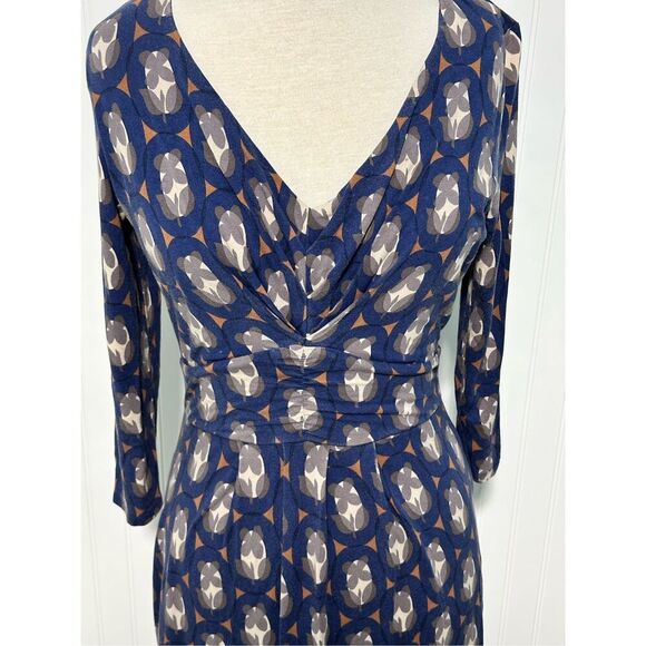 Boden Women's Geometric Print V Neck Ruched Midi Dress Long Sleeve Blue Size 10‎ - Picture 3 of 11